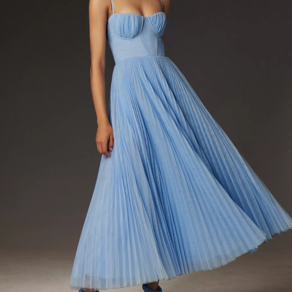 Hutch Amara Corset Pleated Tulle Fit & Flare Midi Dress. Size 0 in light blue
